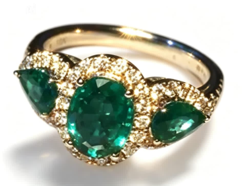 18K White Gold Emerald Diamond 3 Stone Anniversary Band Ring Estate