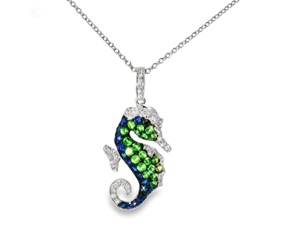 14K White Gold Seahorse Tsavorite Sapphire Pendant Estate by EFFY