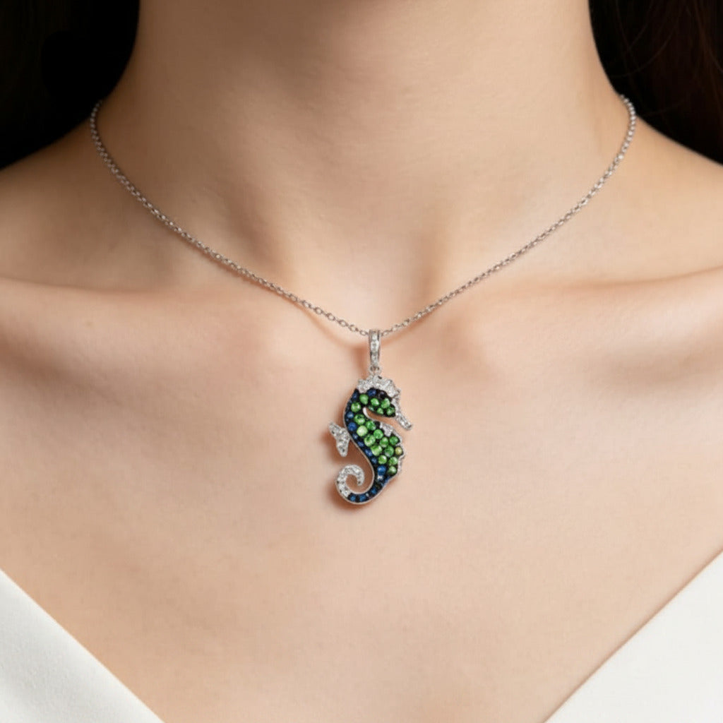 14K White Gold Seahorse Tsavorite Sapphire Pendant Estate by EFFY