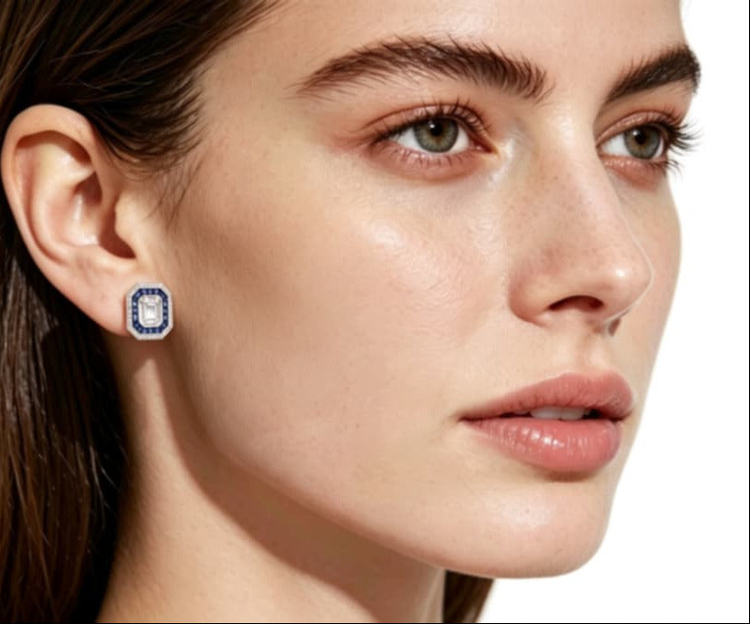 18K White Gold Sapphire Diamond Stud Earrings Estate Sapphire