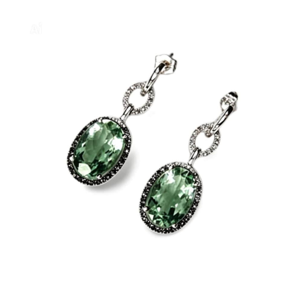 14K/10K White Gold Green Amethyst Black Diamond Earrings Estate
