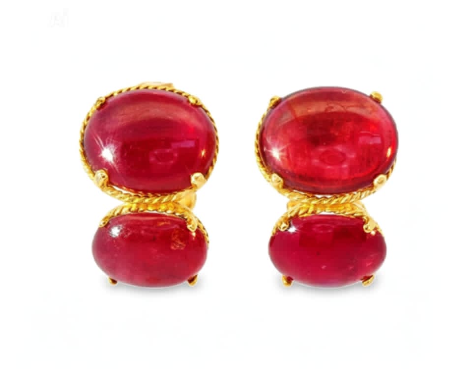 14K Yellow Gold Cabochon Ruby Earrings Designer Estate