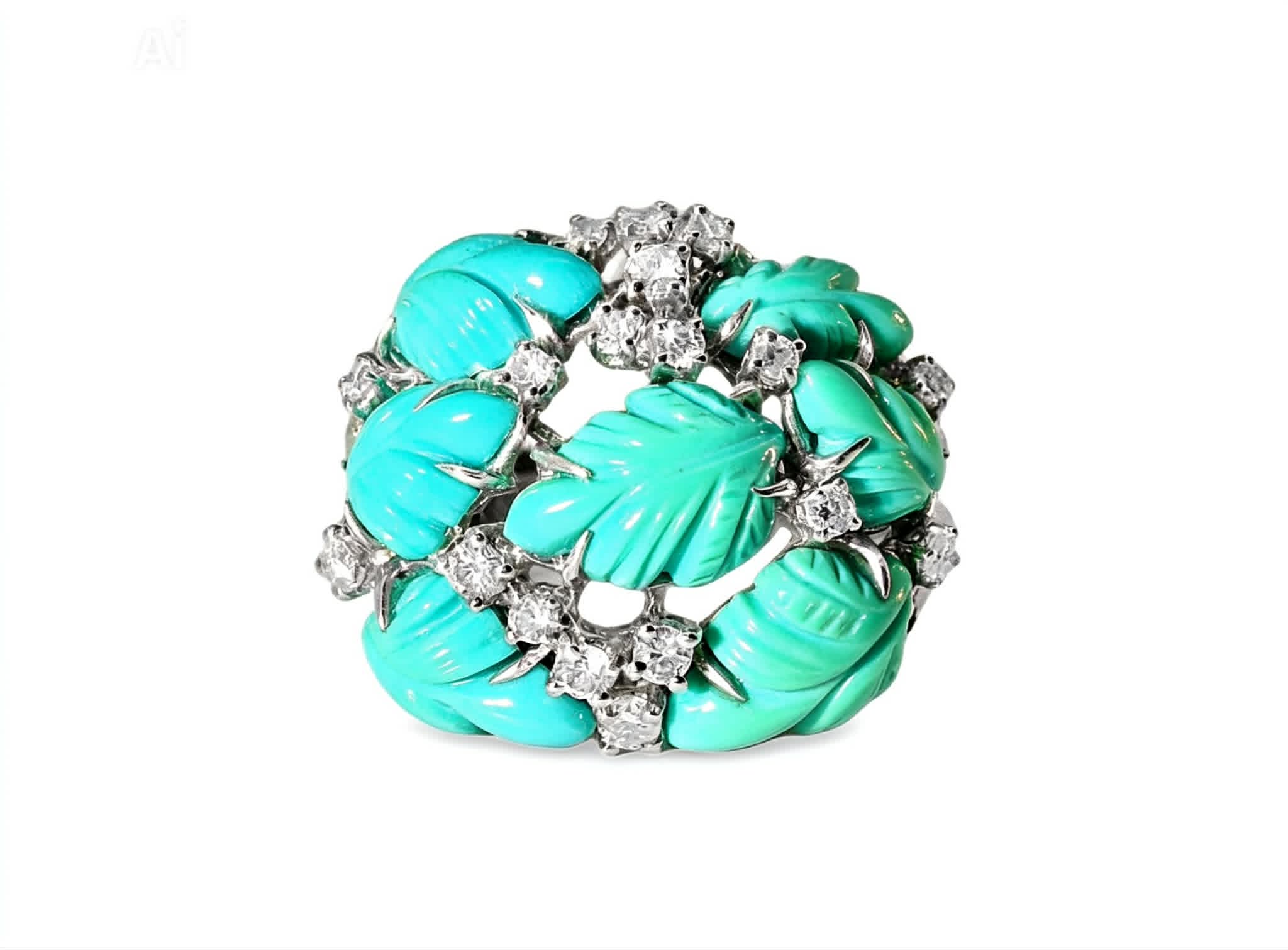 18K White Gold Turquoise and Diamond Carved Leaf Ring