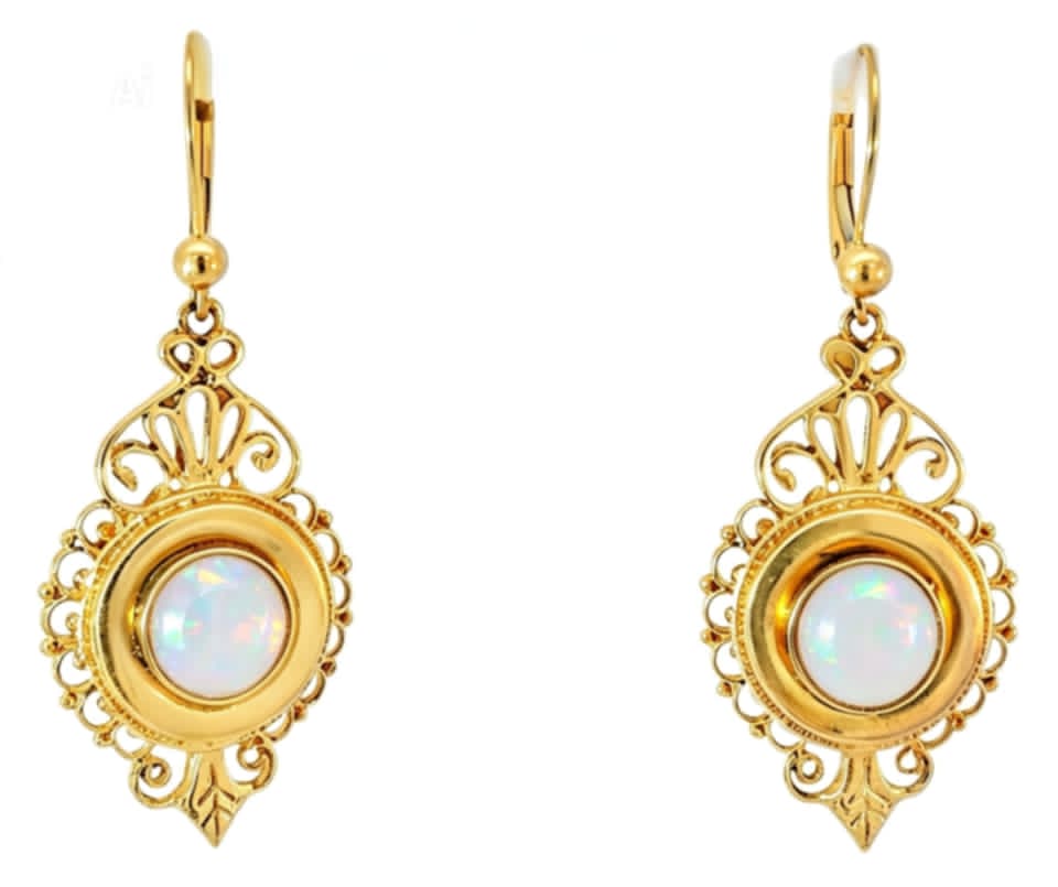 14K Yellow Gold Filigree Opal Drop Earrings Victorian Revival Estate