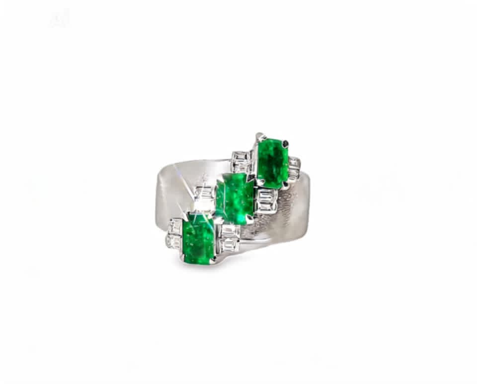 Platinum Emerald Solitaire Diamond Accent Ring