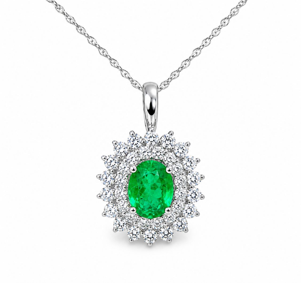 14K White Gold Colombian Emerald Diamond Pendant Necklace Estate