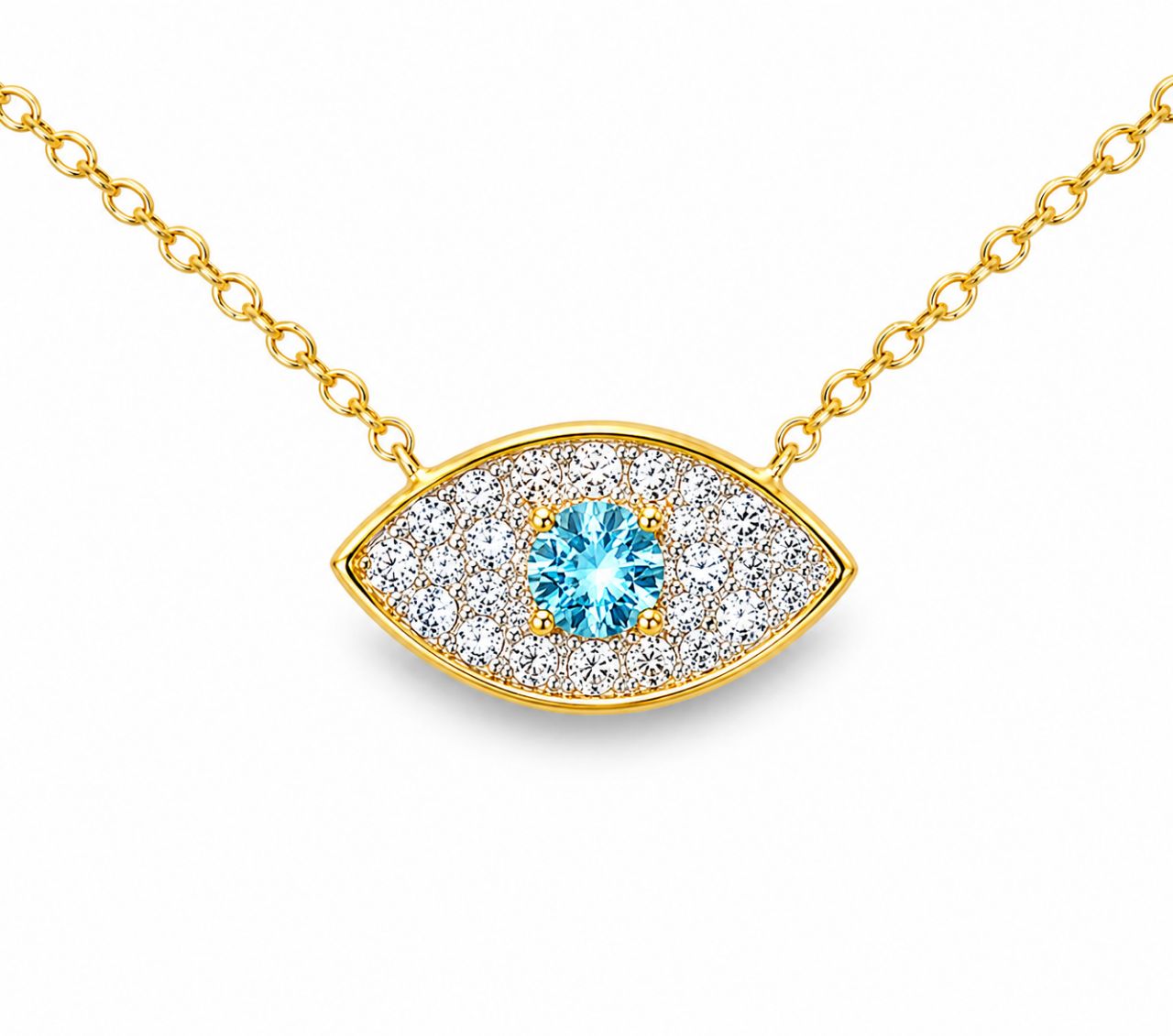 14K Yellow Gold Blue Topaz Diamond Evil Eye Necklace Estate