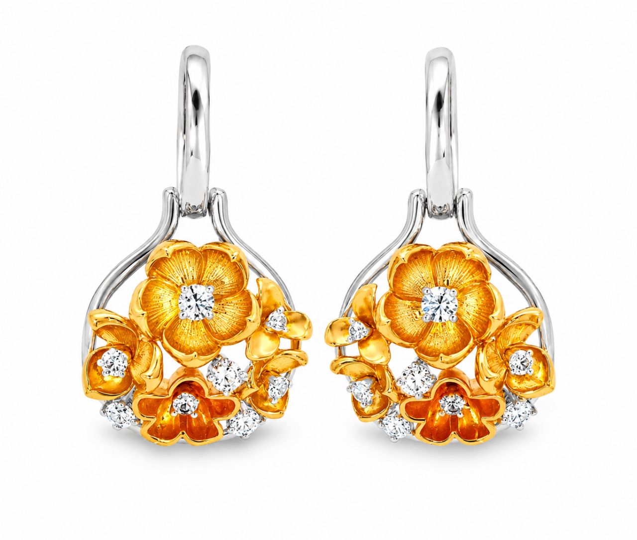 14K White Gold Diamond Sapphire Rose Flower Drop Earrings Estate