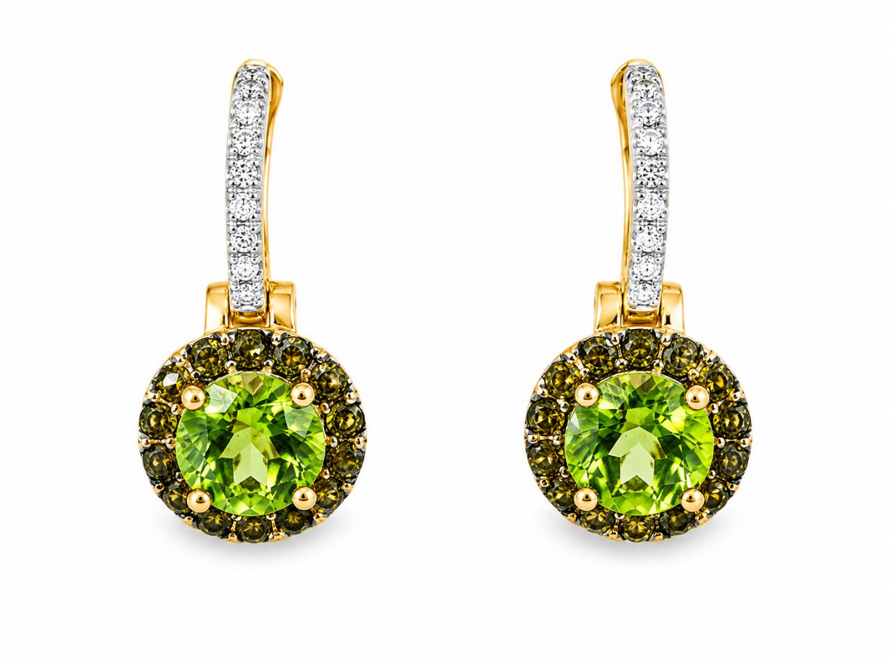 14K White Yellow Two Tone Gold Diamond Peridot Earrings Estate