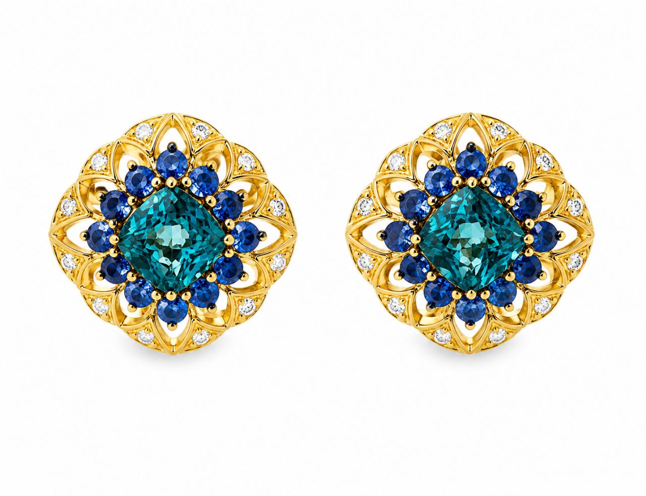14K Yellow Gold Blue Topaz Sapphire Diamond Stud Earrings Estate