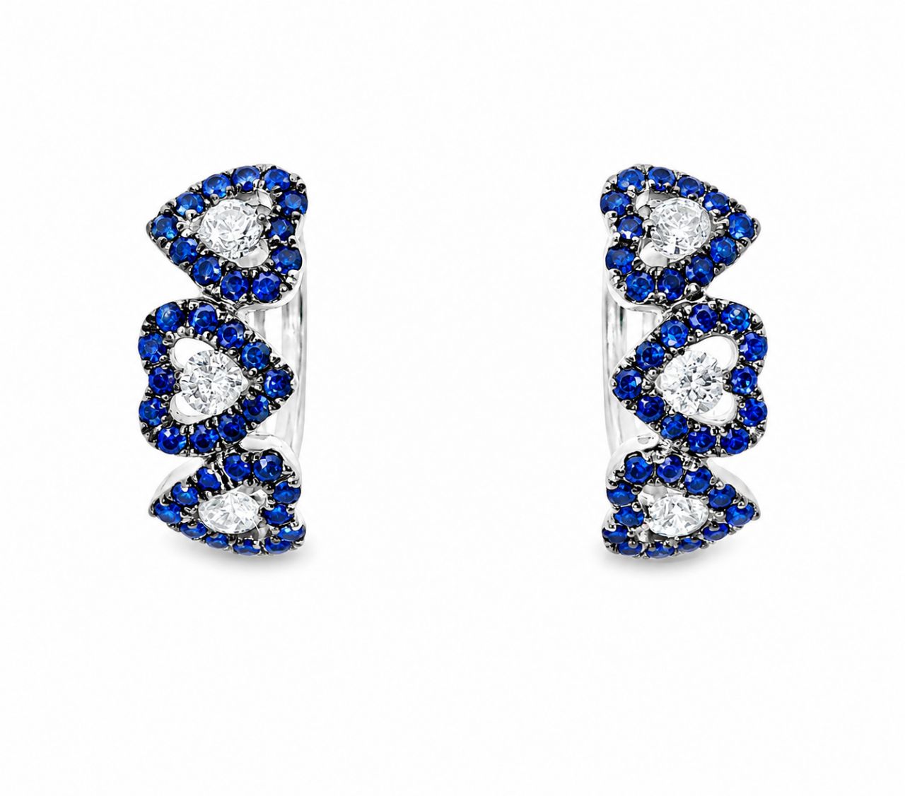18K White Gold Sapphire Diamond Heart Huggie Earrings Estate