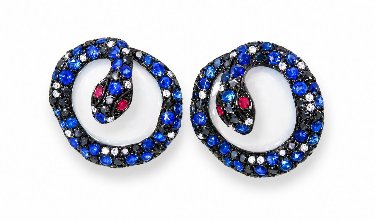 14K Gold Chalcedony Diamond Ruby Sapphire Snake Earrings Estate