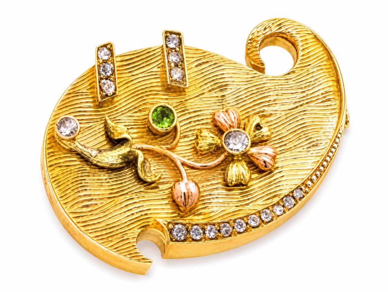 14K Yellow Rose Green Gold Diamond Garnet Brooch Pin Antique Estate