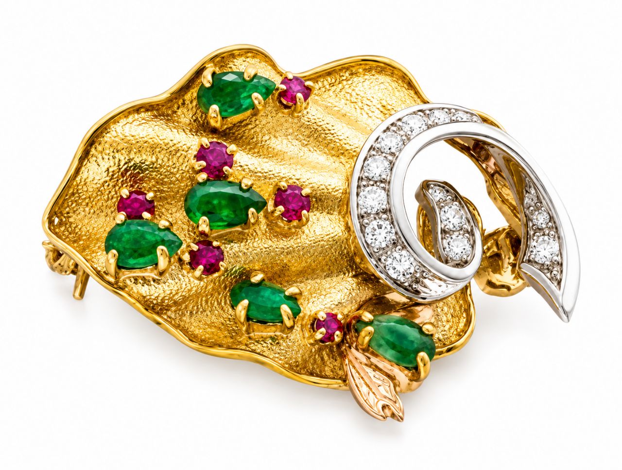 18K Yellow White Gold Diamond Ruby Green Jadeite Brooch Pin Antique Estate