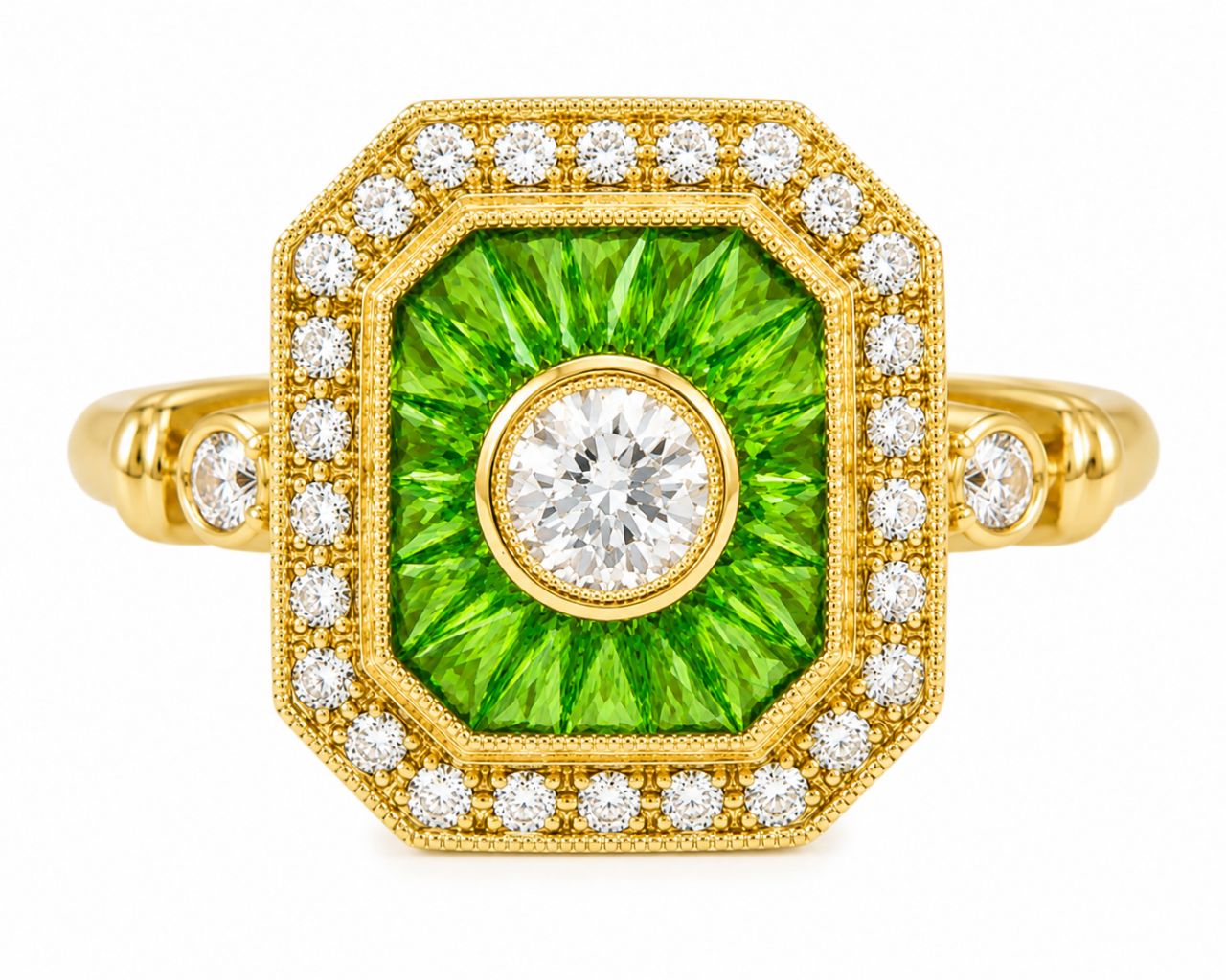 14K Yellow Gold White Sapphire Tsavorite Diamond Mosaic Ring Art Deco Estate