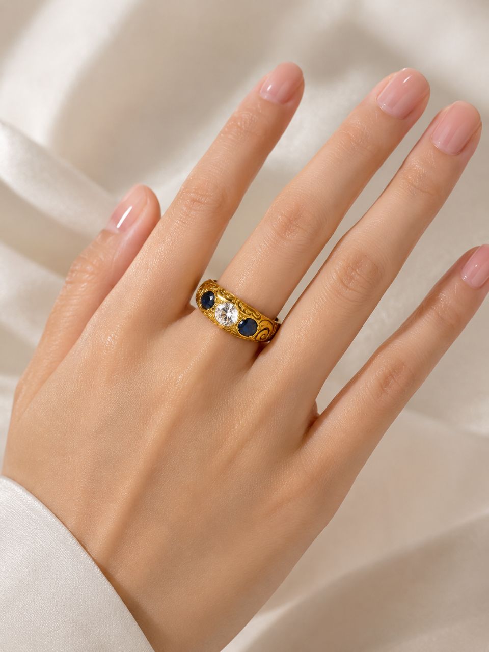 14K Yellow Gold Diamond Sapphire Wedding Ring Band Antique Estate