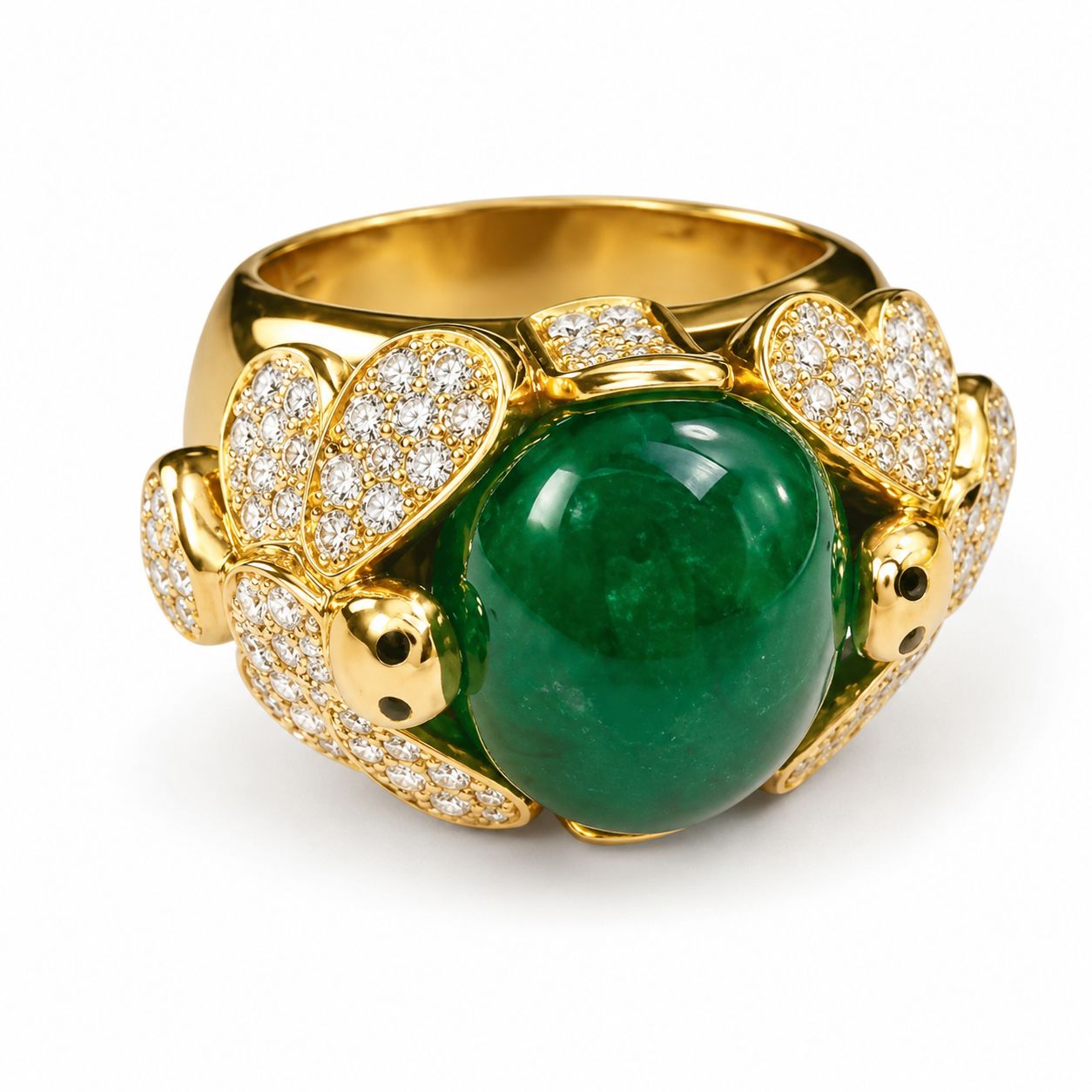 18K Yellow Gold Cabochon Emerald Diamond Dragonfly Designer Ring Estate