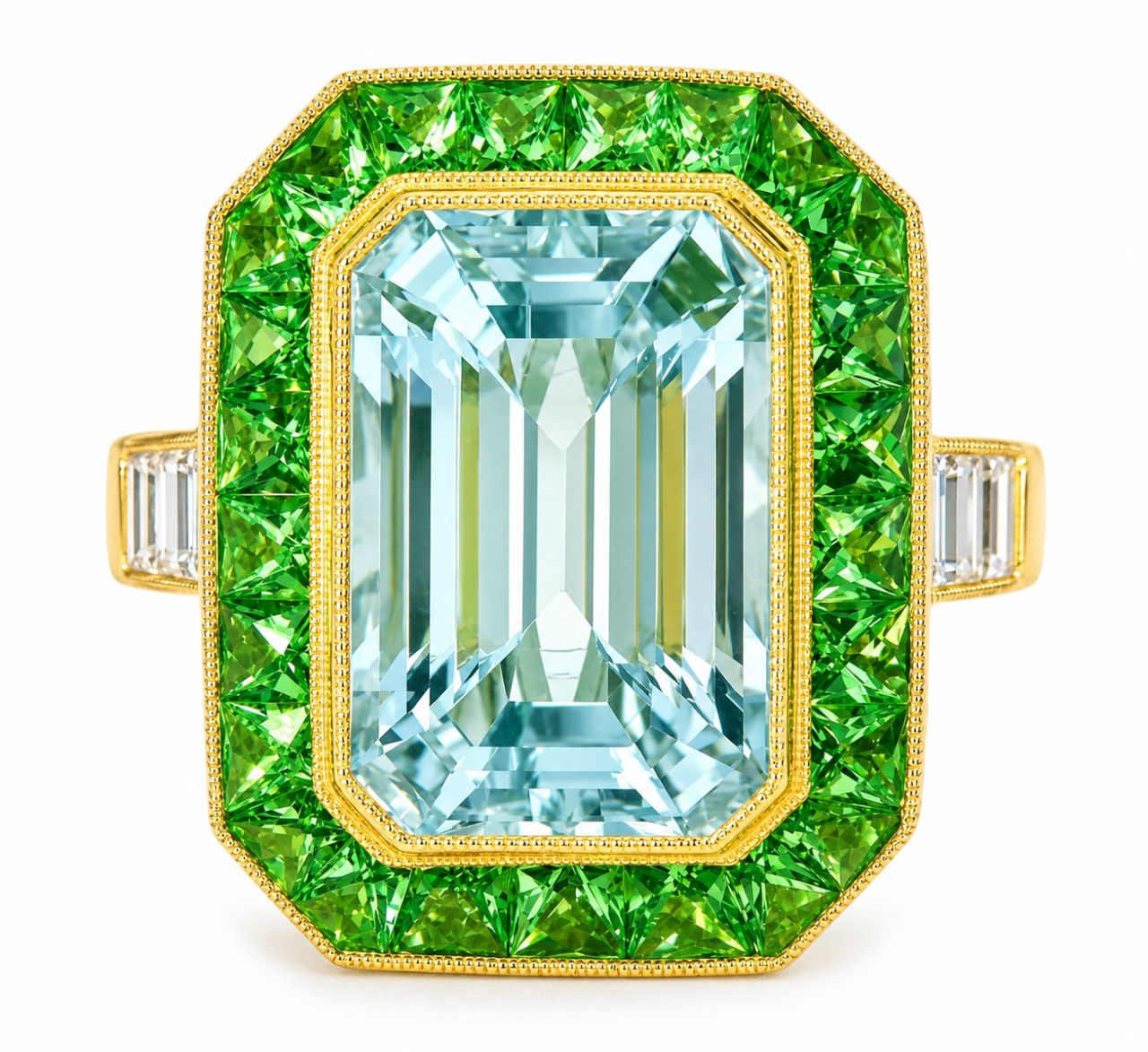 18K Yellow Gold Aquamarine Diamond Tsavorite Mosaic Ring Art Deco Estate