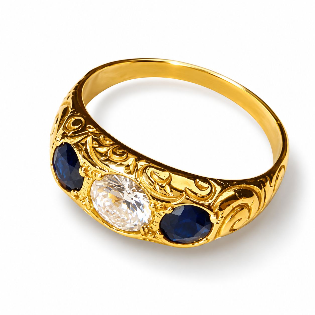 14K Yellow Gold Diamond Sapphire Wedding Ring Band Antique Estate