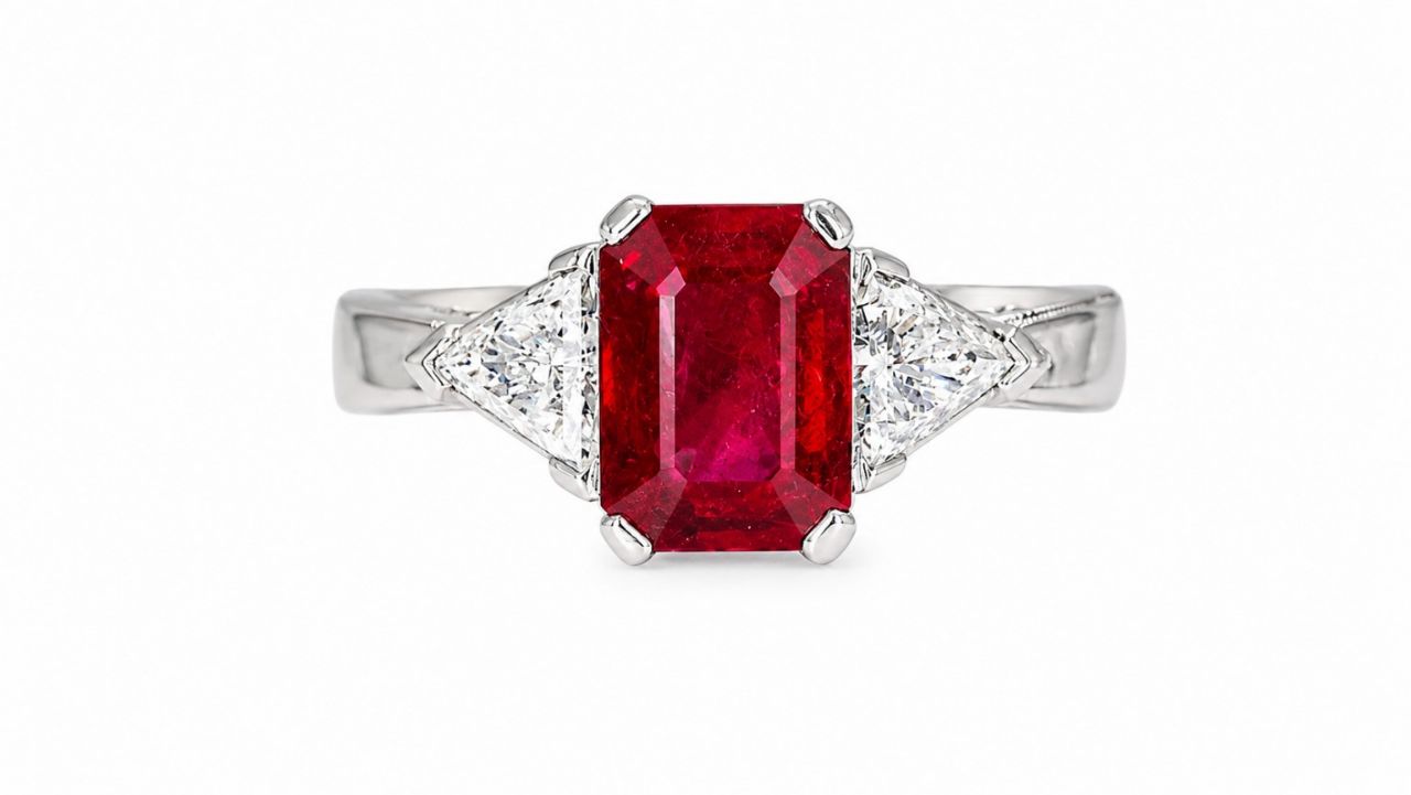 14K White Gold Antique 3 Stone Ruby Diamond Ring Estate Jewelry
