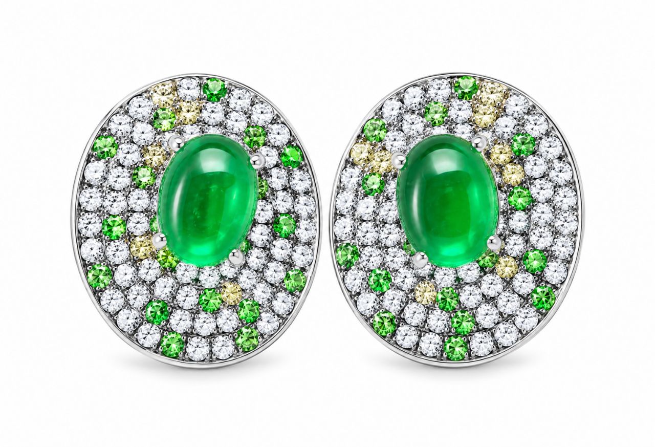 18K White Gold Cabochon Emerald Diamond Huggie Earrings