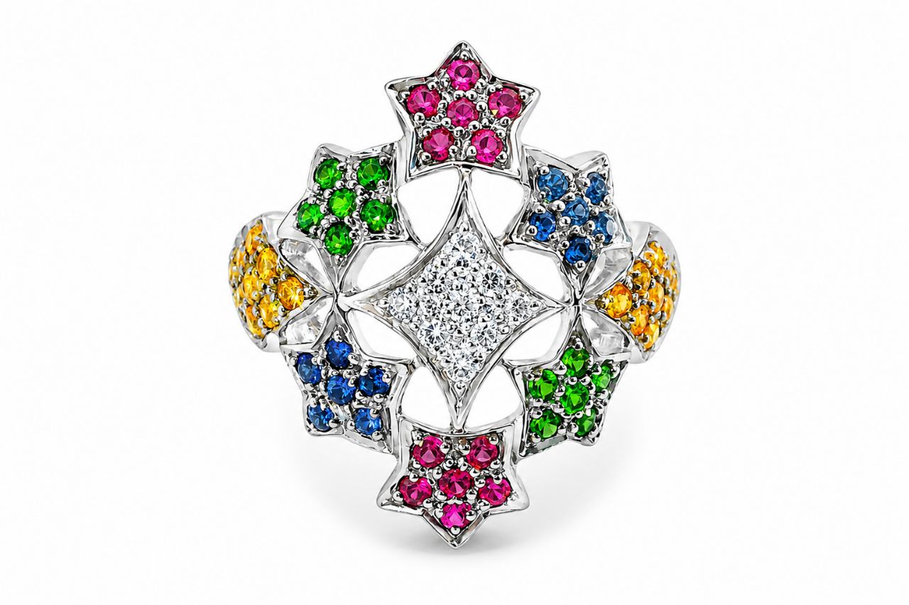 18K White Gold Diamond Multi Color Sapphire Stars Cocktail Ring