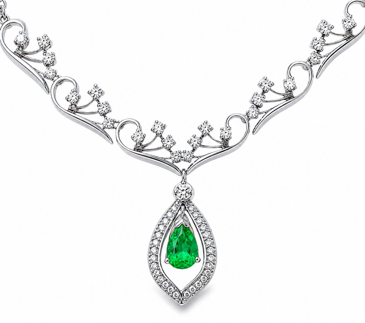 14K White Gold Filigree Emerald Diamond Necklace