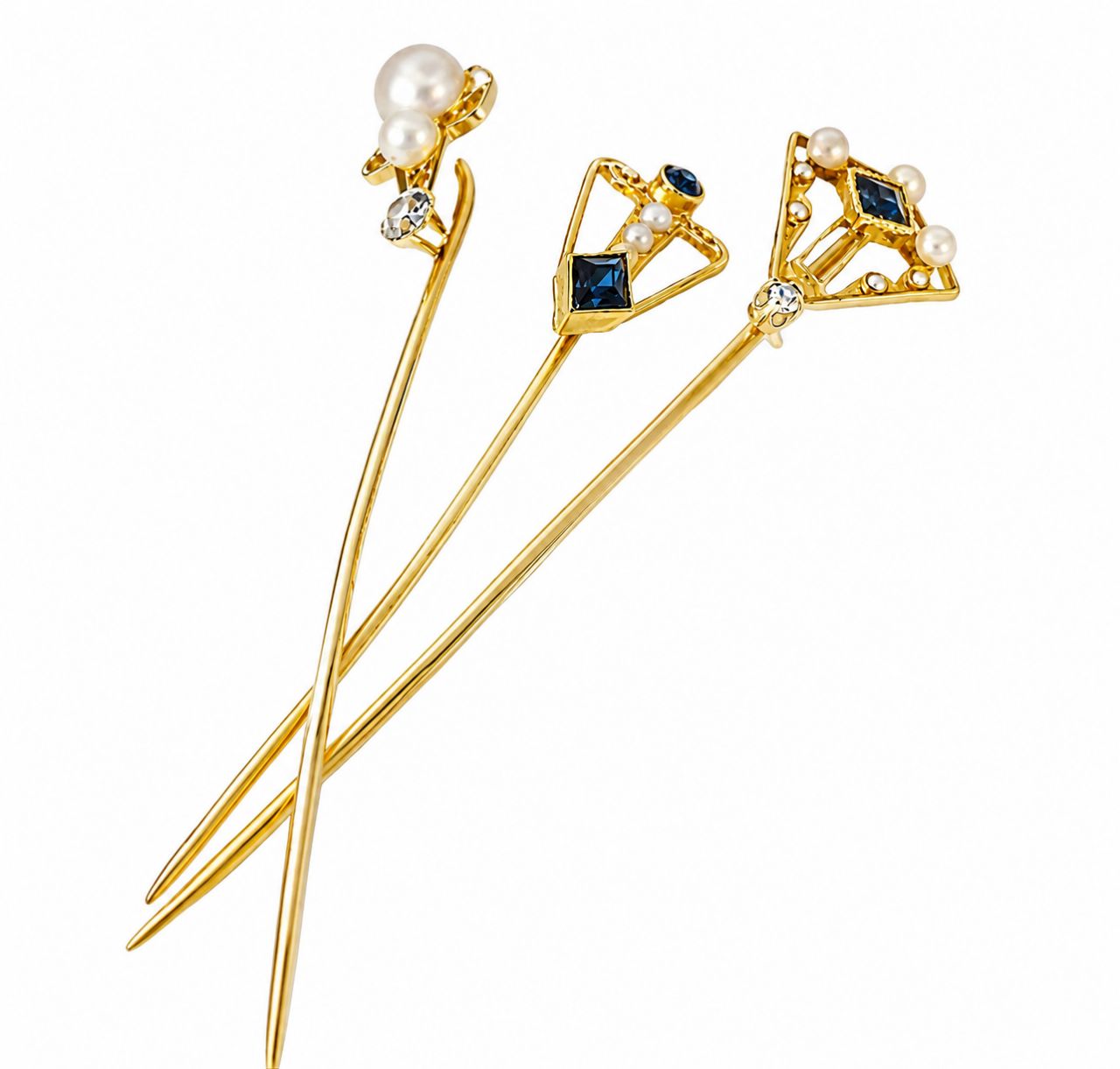 14K Yellow & White Gold Victorian Sapphire Diamond Seed Pearl Stick Pin Set
