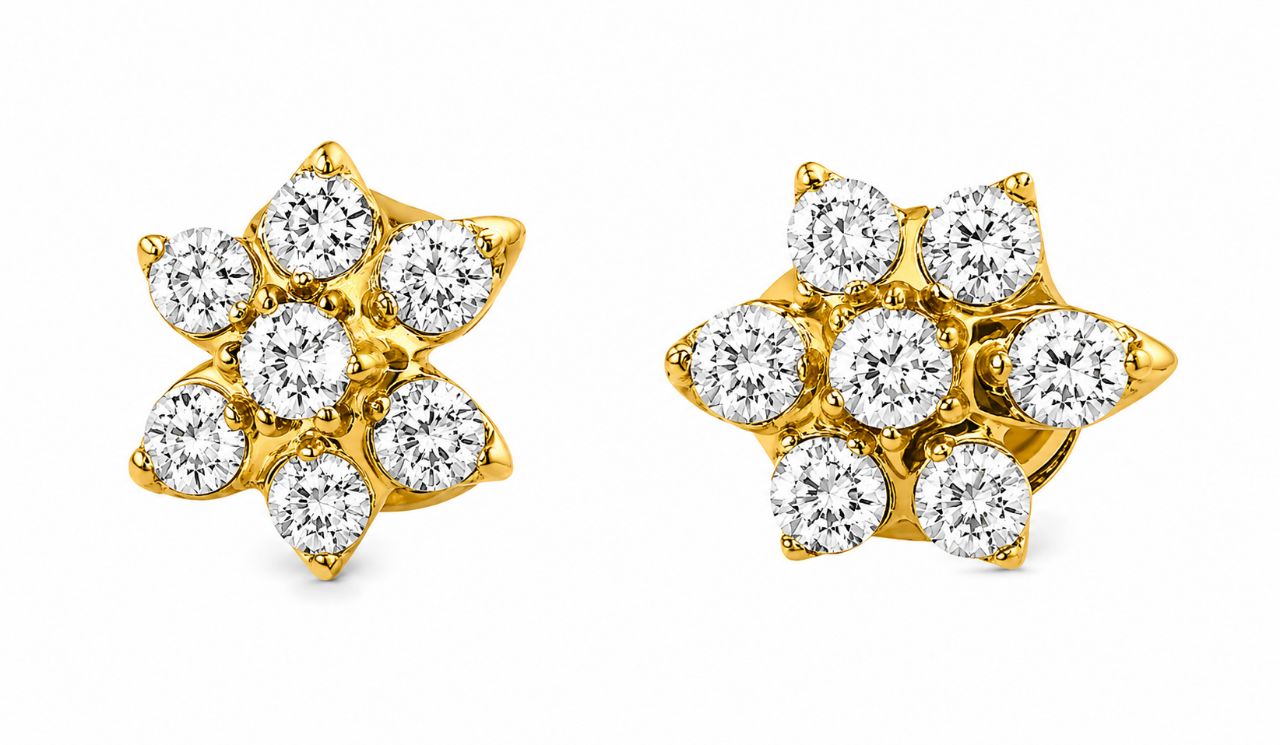 14K Yellow Gold Diamond Floral Stud Earrings