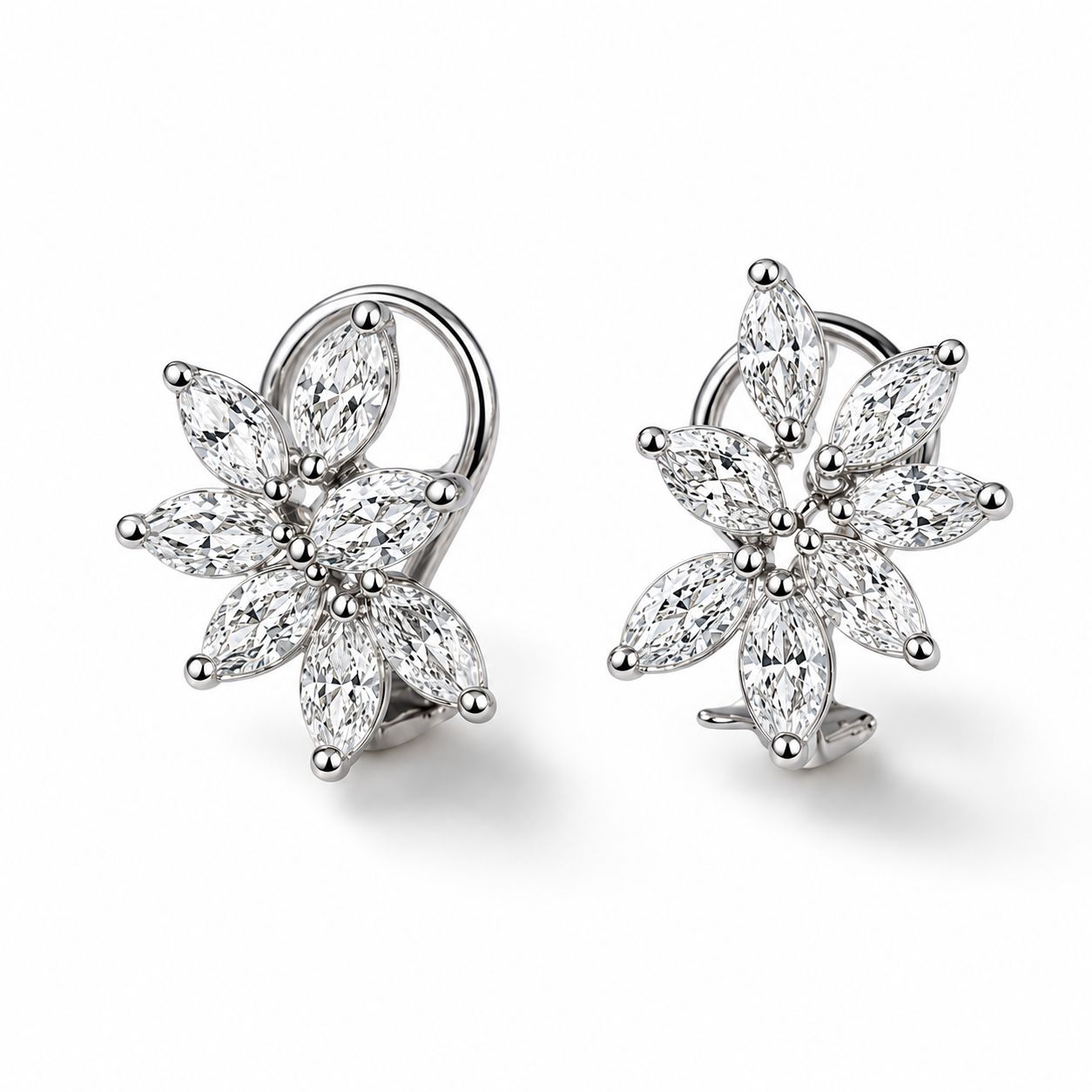 14K White Gold Marquise Diamond Floral Designer Earrings