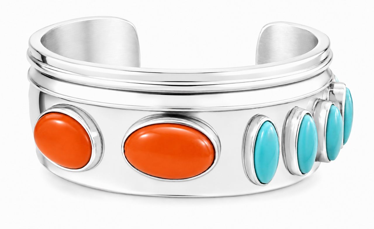Navajo Sterling Silver Hand Carved Turquoise Coral Bangle Bracelet