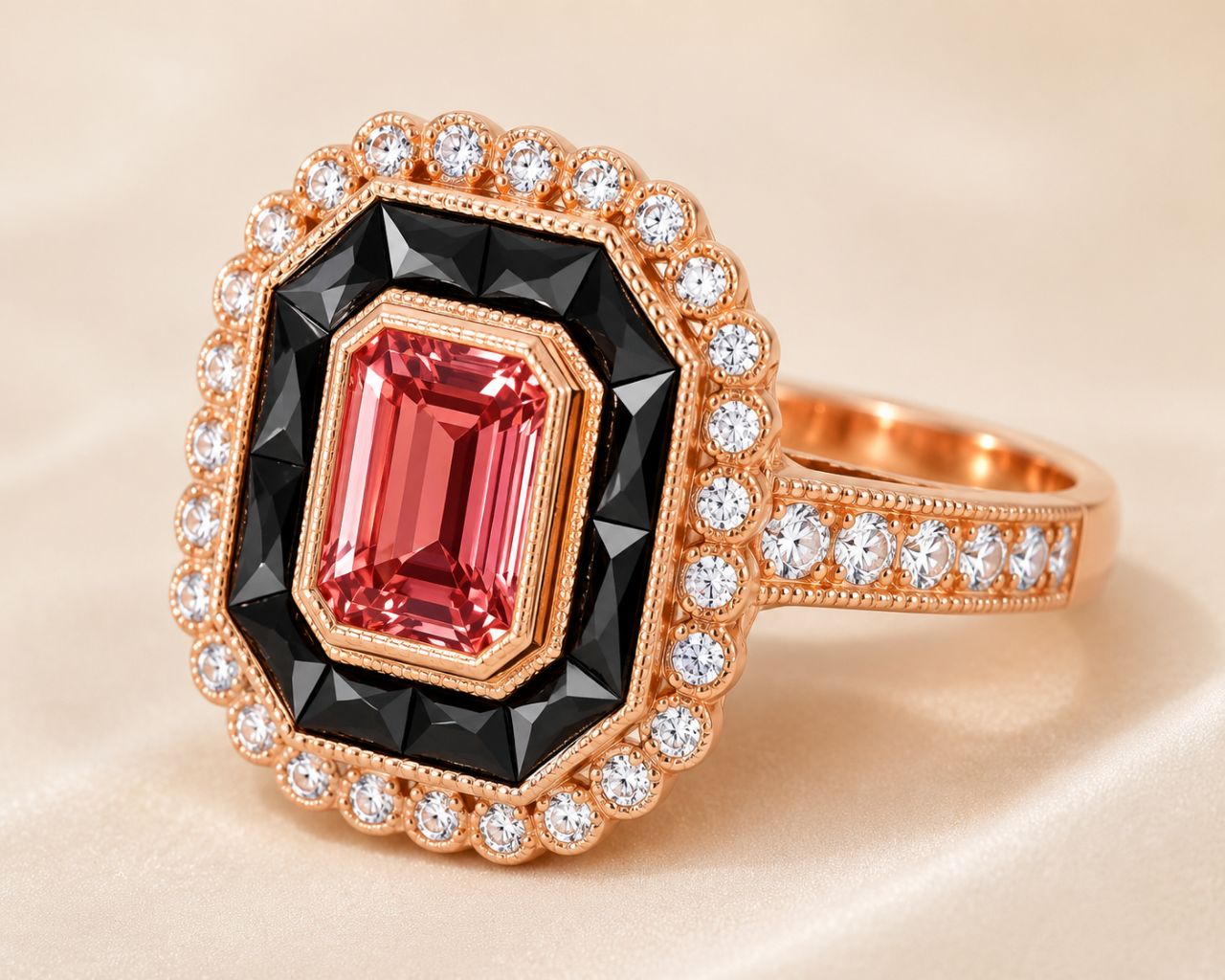 14K Pink Rose Gold Art Deco Pink Tourmaline Hand Cut Onyx Diamond Filigree Ring