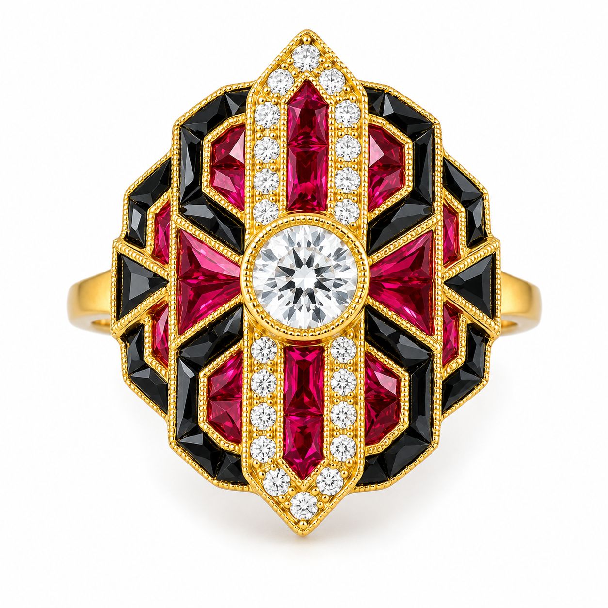 18K Yellow Gold Art Deco Diamond Hand Cut Ruby Onyx Ring