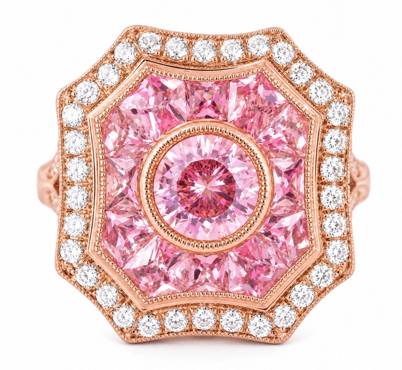 14K Pink Rose Gold Art Deco Pink Tourmaline Hand Cut Pink Sapphire Diamond Ring