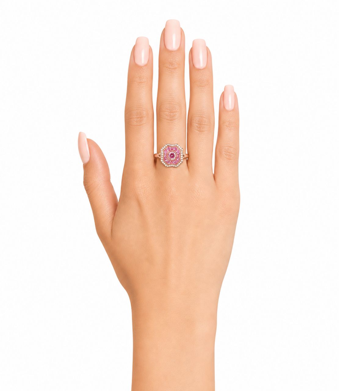 14K Pink Rose Gold Art Deco Pink Tourmaline Hand Cut Pink Sapphire Diamond Ring