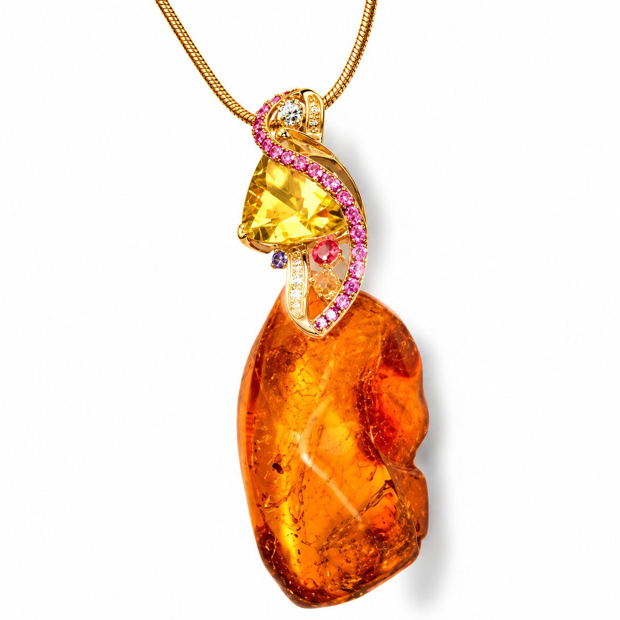 14K Gold Amber Citrine Lemon Quartz Pink Sapphire Diamond Pendant Necklace