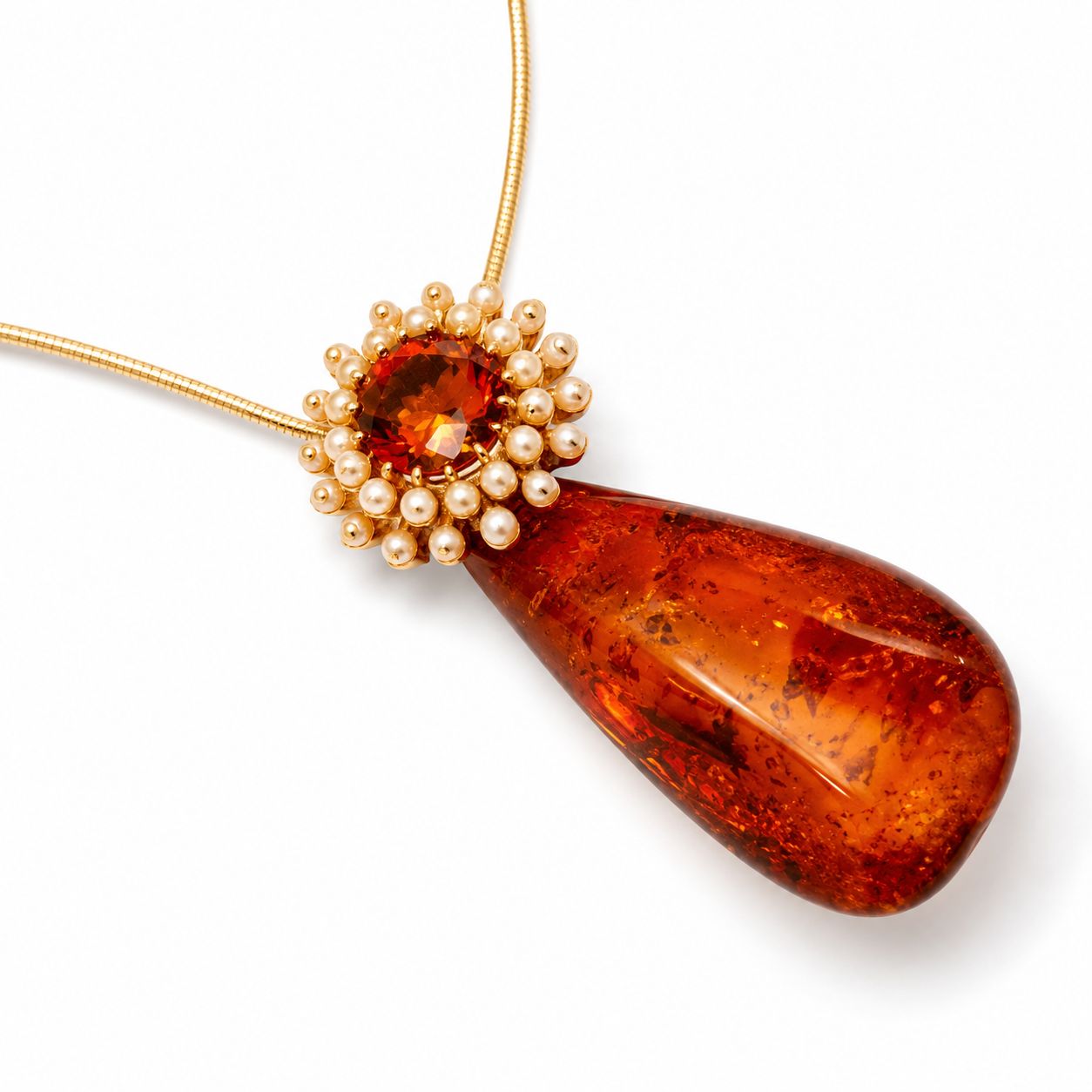 14K Rose Gold Amber Orange Citrine Seed Pearl Pendant Necklace