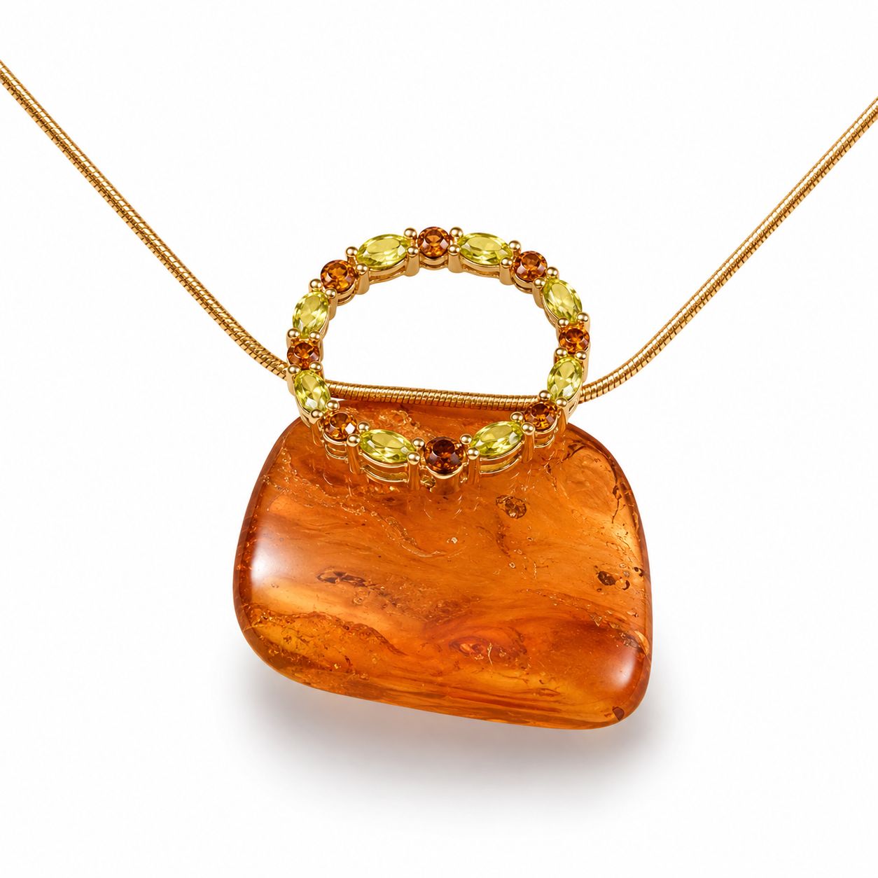 14K Yellow Gold Amber Peridot Smokey Quartz Pendant Necklace Estate