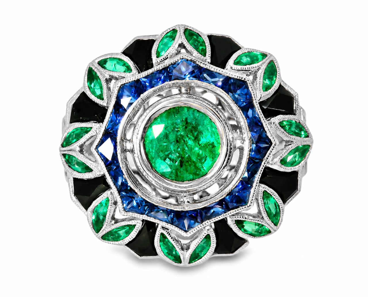 18K White Gold Sapphire Emerald Onyx Diamond Art Deco Ring Band Estate