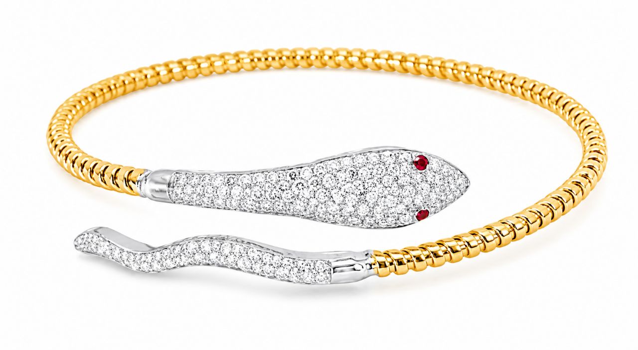 14K Yellow Gold Diamond Ruby Snake Bangle Bracelet Estate