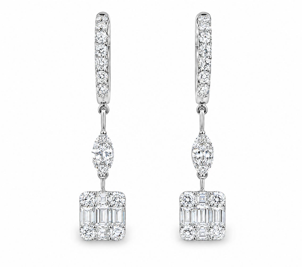 18K White Gold Diamond Hanging Earrings Estate