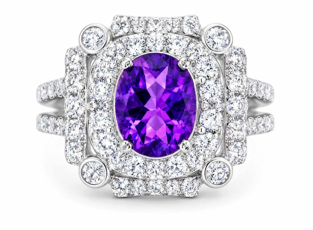 18K White Gold Diamond Amethyst Filigree Engagement Ring Estate