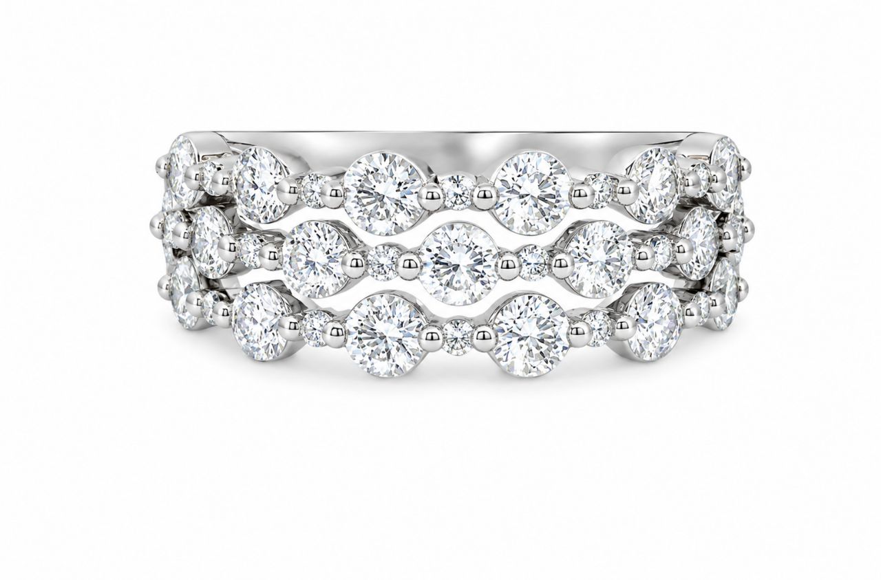 14K White Gold Diamond 3 Row Wedding Band Ring Estate
