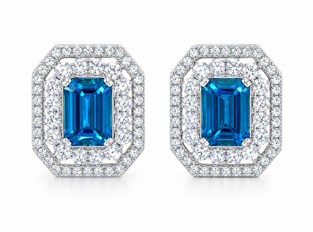 14K White Gold London Blue Topaz Diamond Filigree Earrings