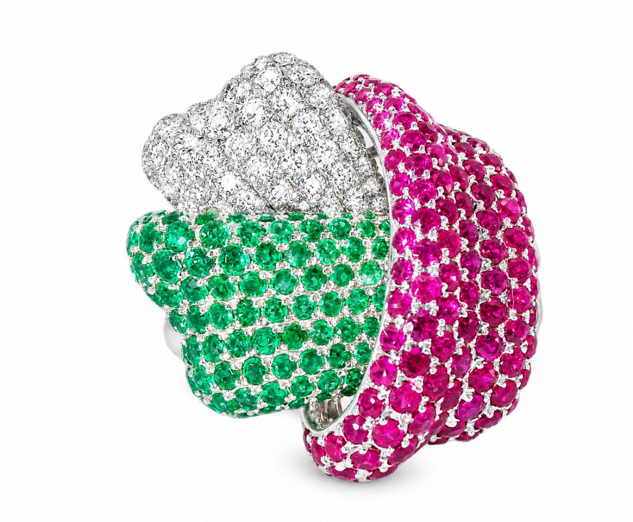 18K White Gold Diamond Emerald Ruby Knot Band Ring Unique Multi Gemstone Estate