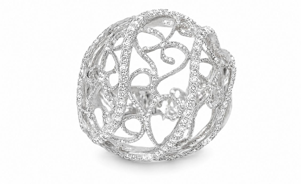 18K White Gold Diamond Filigree Scroll Band Ring Estate