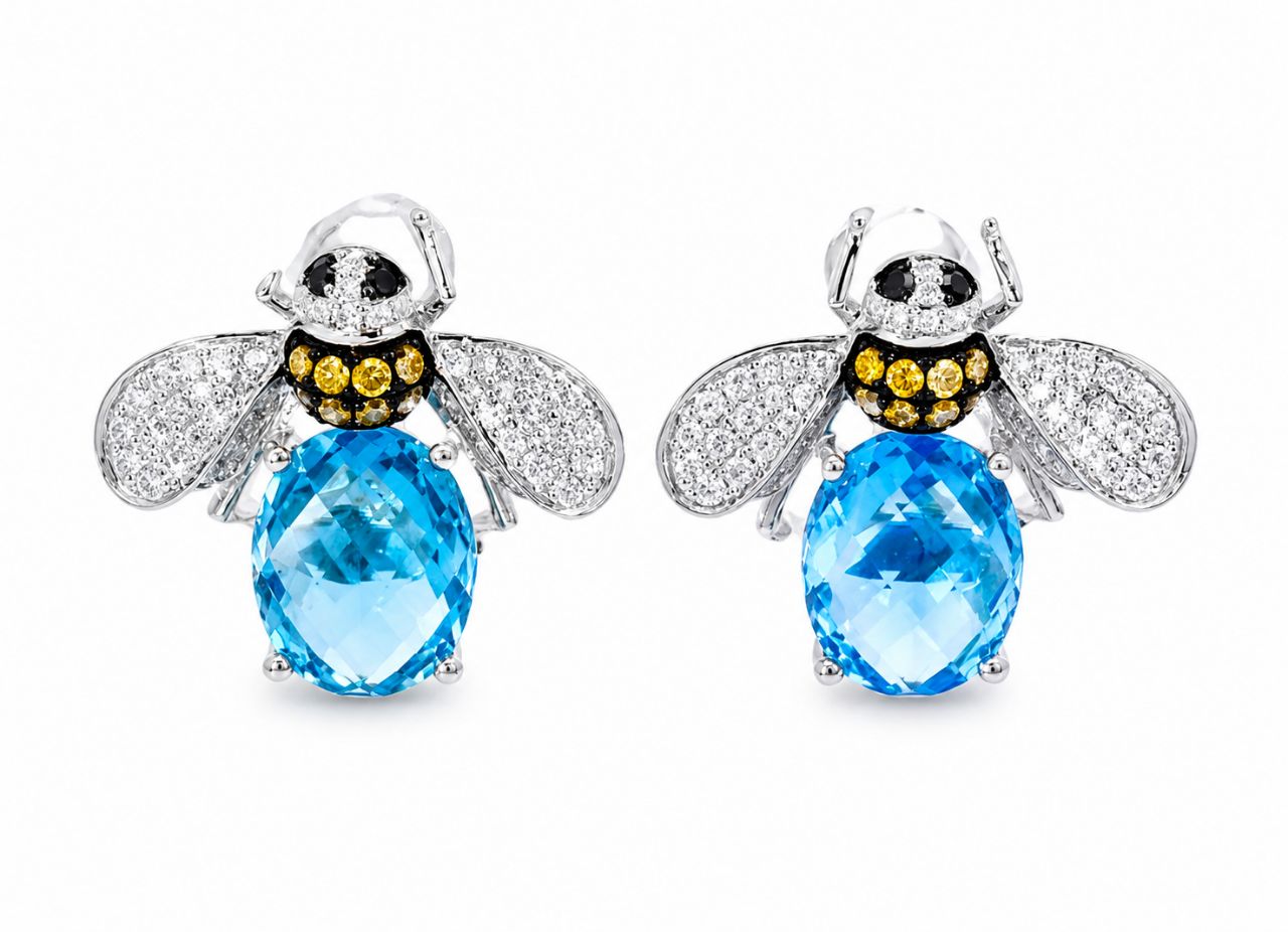 14K White Gold Blue Topaz Bumblebee Diamond Earrings