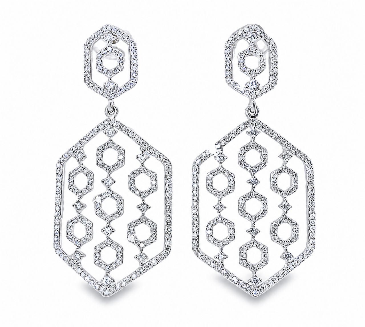 14K White Gold Diamond Designer Drop Earrings