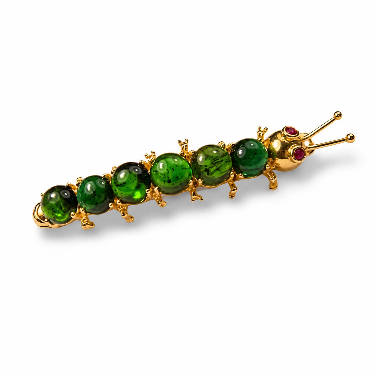 14K Yellow Gold Cabochon Peridot Caterpillar Brooch Pin