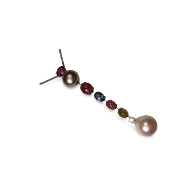 18K White Gold Diamond Gemstone Tahitian Pearl Pendant Necklace